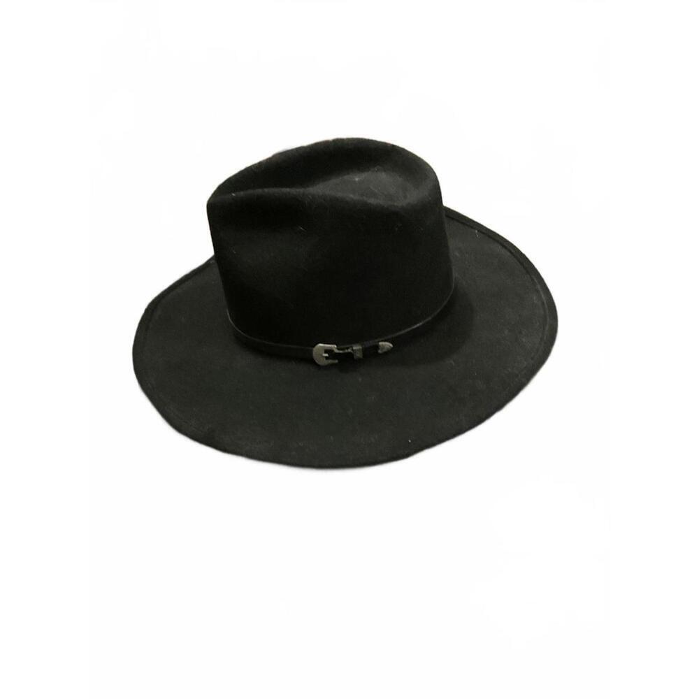 Dorfman Pacific Black Wool Wide-Brim Fedora Hat with Buckle Detail Medium
